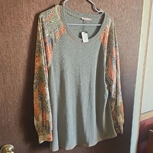 Ces Femme Sage Green Pullover with Leopard-Print Raglan Sleeves